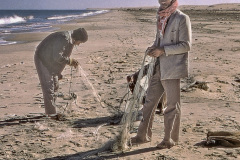Beduiner som fångar fåglar med nät vid Medelhavets strand.